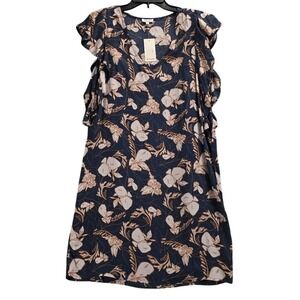 Splendid Rano Floral Navy Blue‎ Ruffle Cap Sleeve V-Neck Shift Dress Medium NEW